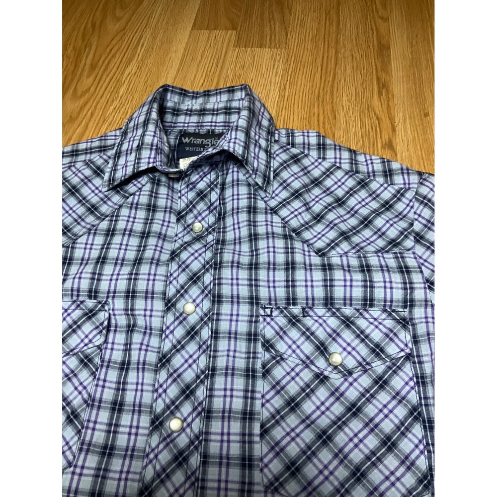 Wrangler Western Shirts Mens Small Purple Blue Plaid Pearl Snap Long Sleeve